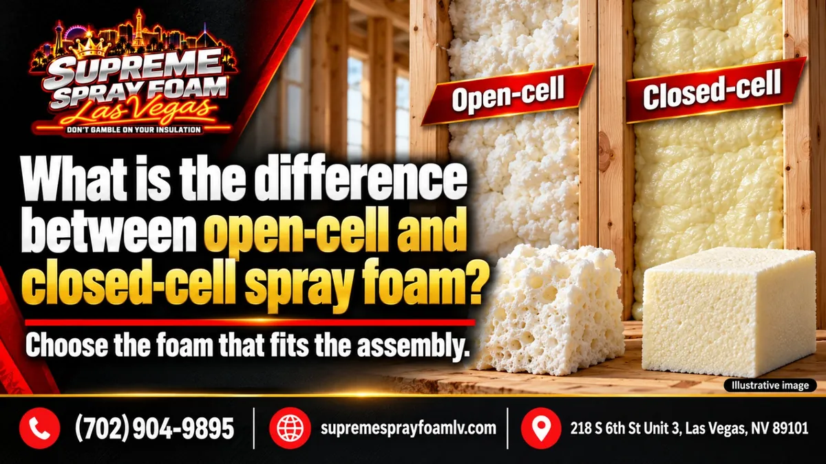 Open-cell and closed-cell spray foam sprayed between wall studs, with a sample block of each (illustrative image)