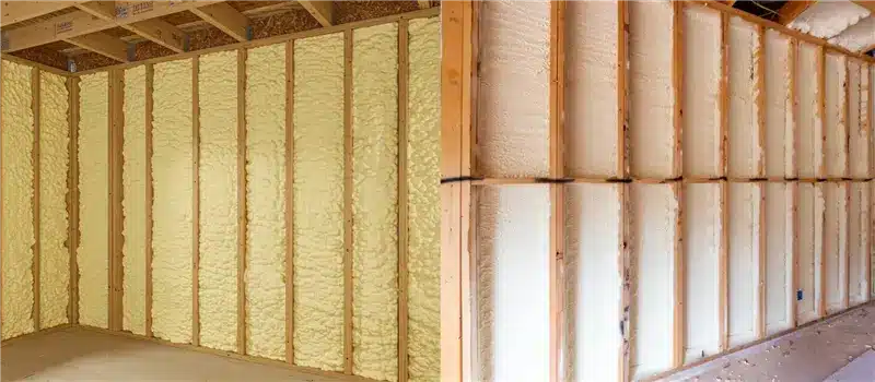Closed Cell vs. Open Cell Spray Foam A side-by-side comparison shows two interior walls under construction with spray foam insulation. The left wall features a thicker, denser, light yellow closed-cell foam that fills the stud cavities. The right wall shows a less dense, off-white open-cell foam that also fills the stud cavities but appears less rigid.