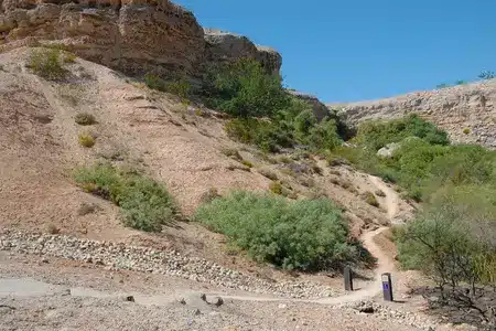 A wide, winding dirt trail meanders through a desert landscape with low rocky hills, sparse green vegetation, and a clear blue sky above.